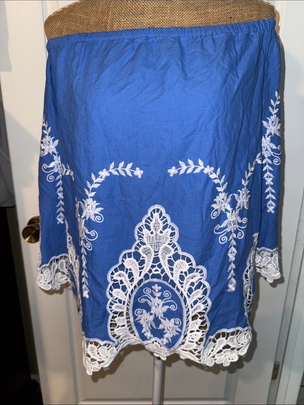 Cynthia Rowley Blue Embroidered Off-Shoulder Top with White Lace Cutouts